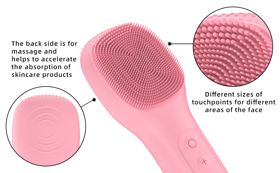 Pink silicone facial cleansing brush shown from multiple angles with text describing different sizes and massage capabilities.