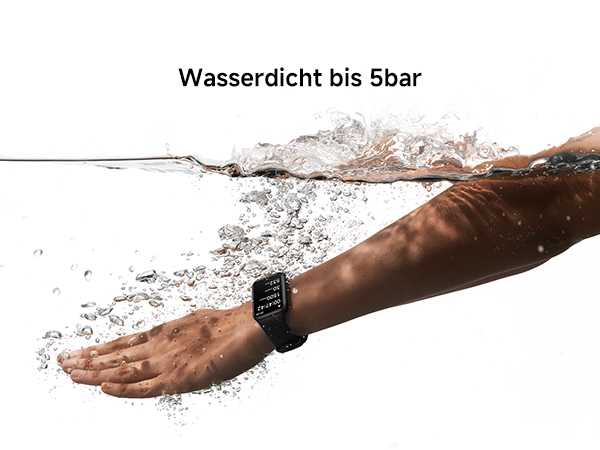 Der Text lautet „Wasserdicht bis 5 bar“. Nachweis einer Prüfung auf Wasserdichtigkeit oder einer wasserdichten Funktion, bei der eine Wechselwirkung mit Wasser oder Flüssigkeit nachgewiesen wird.
