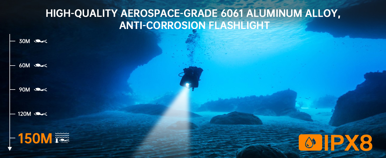 a scuba diver in the ocean with a flashlight