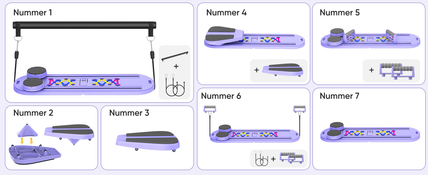 Sequentielle Montage- oder Installationsdiagramme mit den Nummern 1 bis 5, die den schrittweisen Prozess mit violetten Komponenten zeigen.