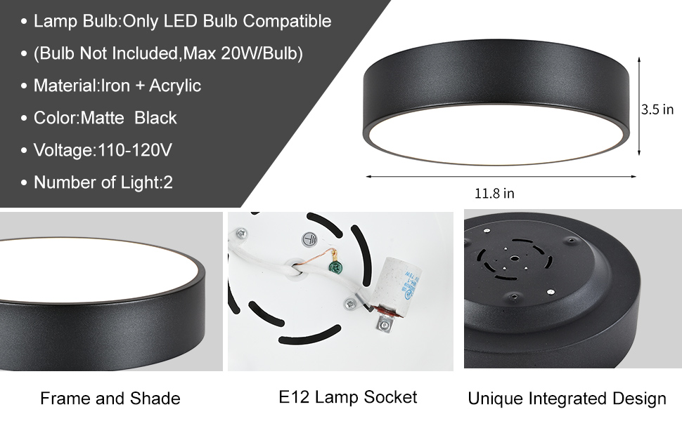 DOTCN Black Flush Mount Ceiling Light Fixture, 2Light Minimalist Close