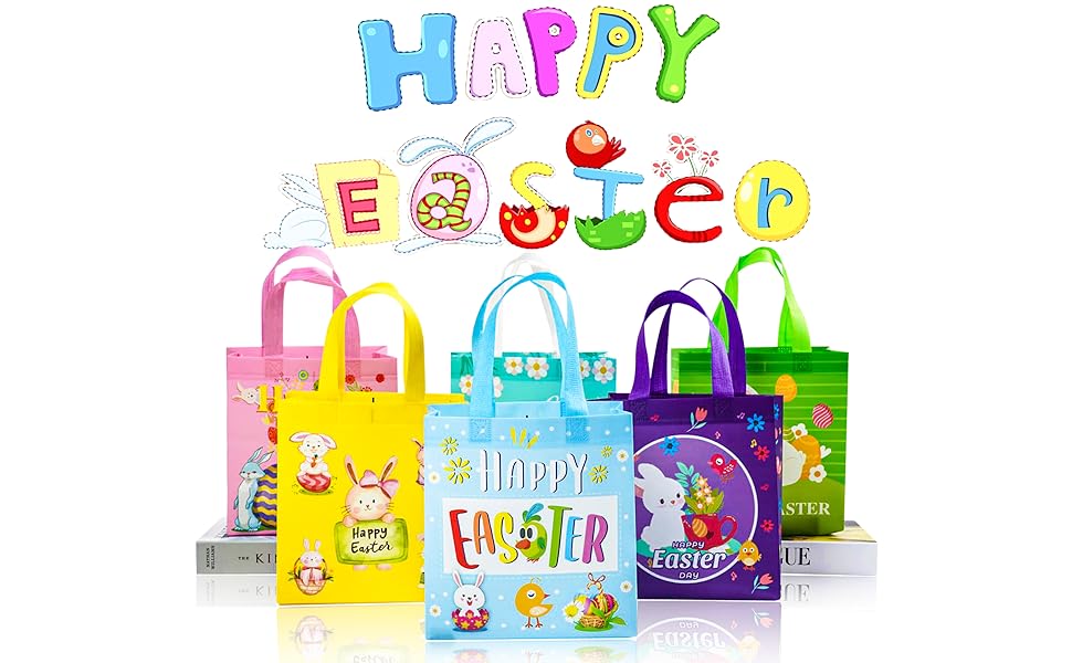 JWSCYSY 6Pcs Easter Nonwoven Bags with Handle, Happy