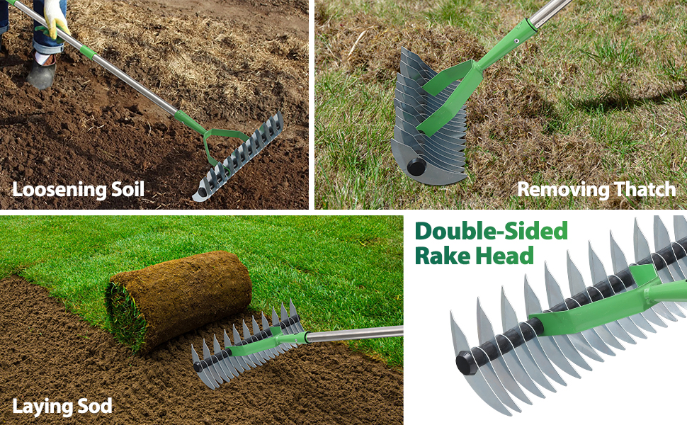 Thatch Rake, Garden Dethatcher Rakes for Lawns Heavy Duty, Metal Rake with Double