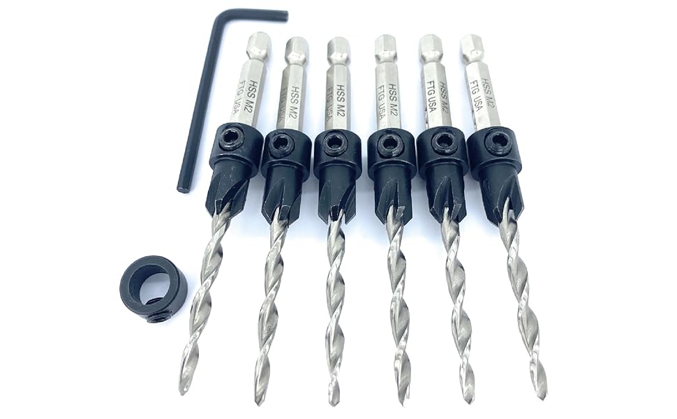 FTG USA Wood Countersink Drill Bit Set 6 Pc 8 (11/64") with Parabolic