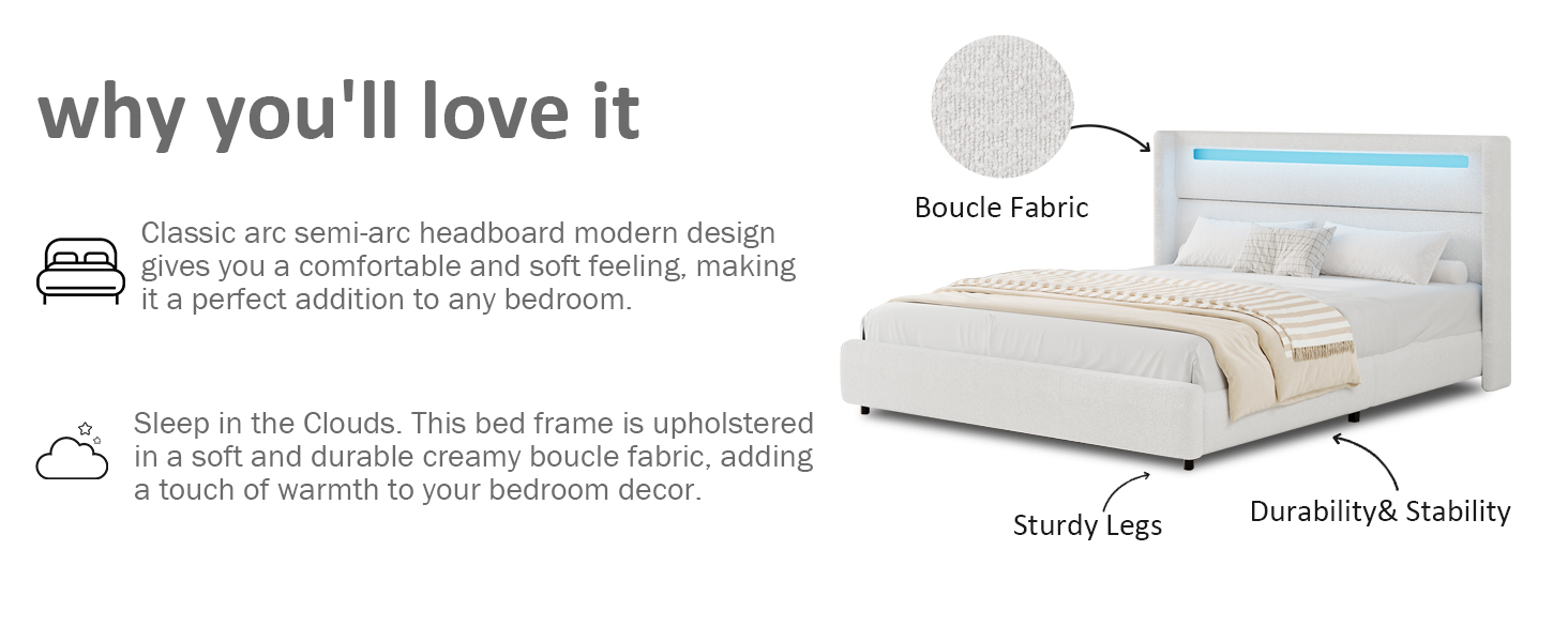 HOMBCK Queen Size Boucle Bed Frame with Headboard