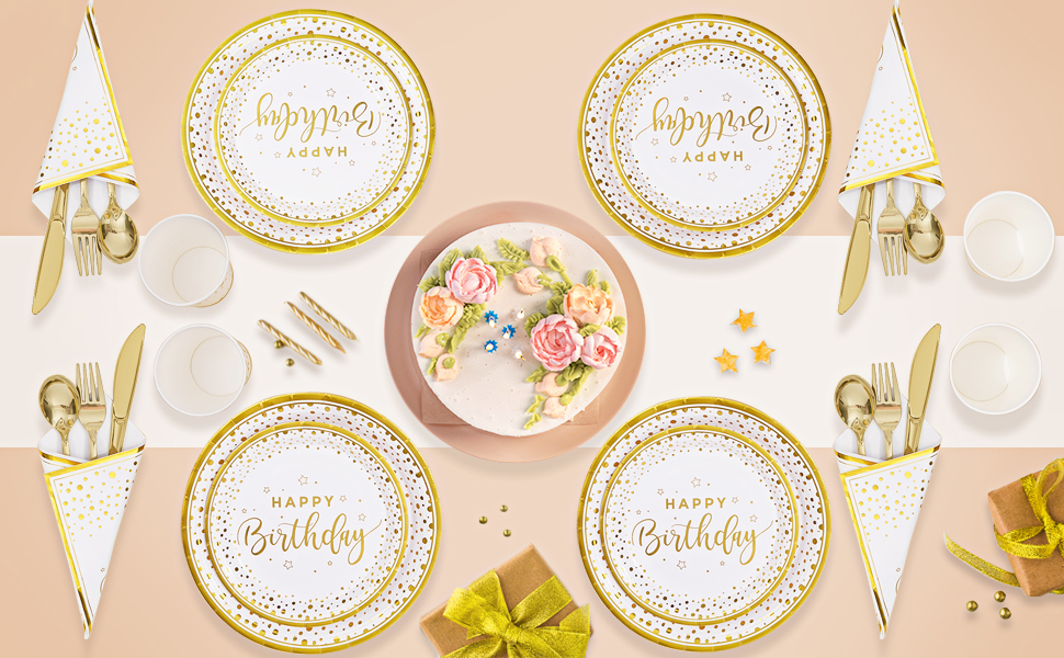 175PCS Happy Birthday Plates and Napkins Party Supplies, Gold Dot Paper Plates and