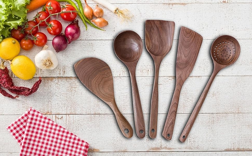 FJNATINH Wooden Kitchen Utensils Set 5 PCS, Black Walnut