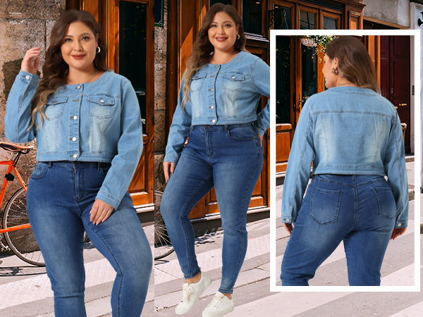 Agnes Orinda Plus Size Denim Jackets for Women Collarless Chest