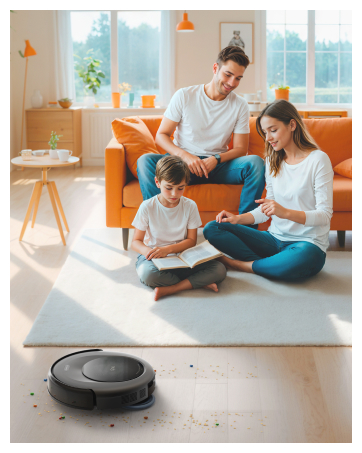 Familienszene mit Roboterstaubsauger, der auf dem Boden arbeitet, während die Menschen in einem hellen, sonnenbeschienenen Raum auf Yogamatten entspannen.