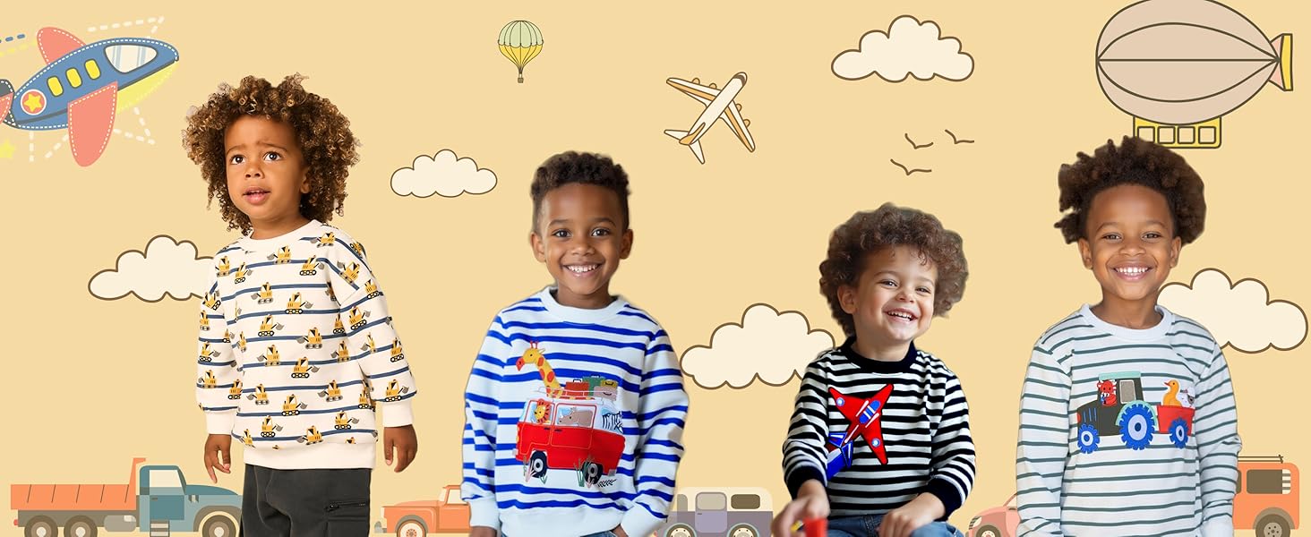 Kinderbekleidungsausstellung mit gestreiften Hemden im maritimen Stil mit verschiedenen maritimen Motiven auf beigem Hintergrund mit skurrilen Doodle-Illustrationen.