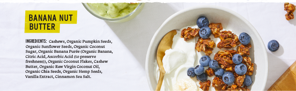 banana nut butter granola, keto granola, superfood seeds, healthy granola, grain-free