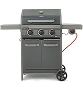 Gray outdoor gas grill with three control knobs, closed lid, side shelf, and wheels for mobility. Modern design with clean lines.