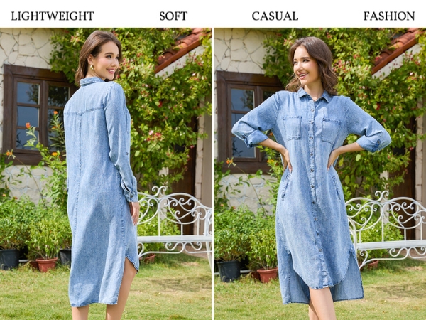 OVRUNS Women Denim Shirt Dress Long Sleeve Roll-Tab Cuffs