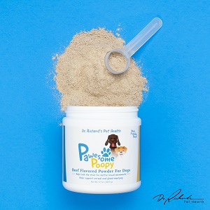 Product on side with powder pouring out and scoop