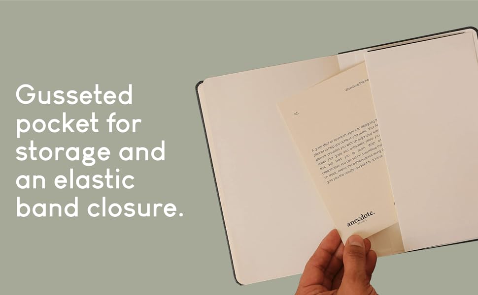 A Gusseted pocket for storage and an elastic band closure.