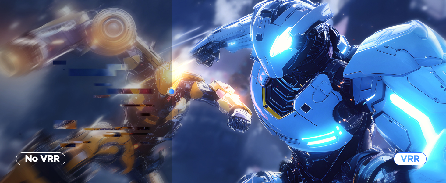 Split-screen gaming or animation scene showing robotic characters with glowing blue effects and explosive combat action in a sci-fi setting.
