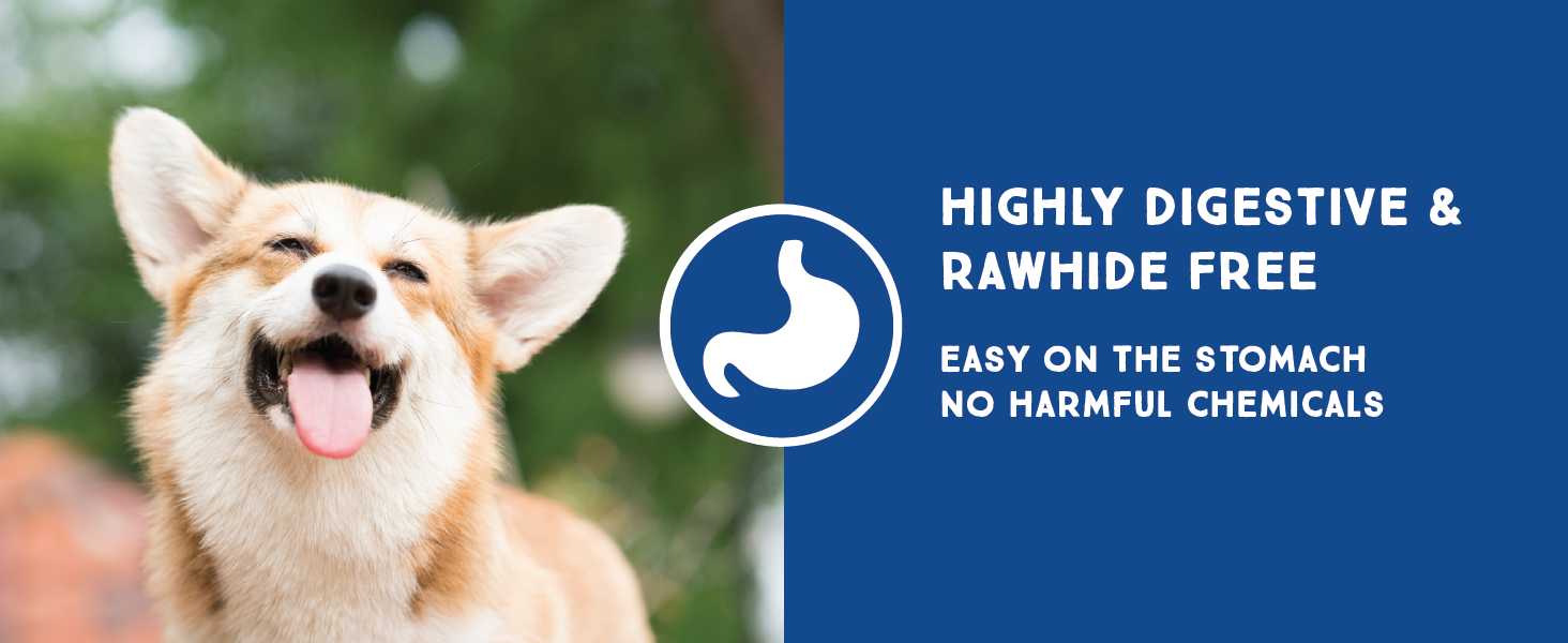 highly digestible and rawhide free easy on the stomach and no harmful chemicals