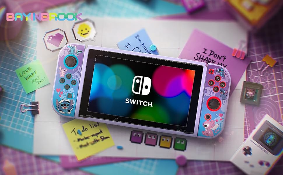 Collage d'accessoires de jeu Nintendo Switch avec des arrière-plans colorés, montrant la console, les manettes et les périphériques de jeu dans des conditions d'éclairage éclatantes.