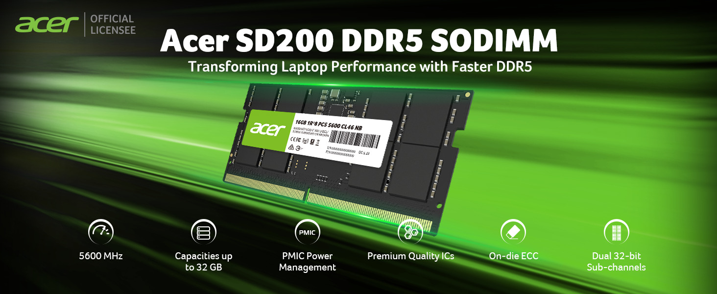 Acer SD200 DDR5 SODIMM Laptop RAM DDR5 Memory 5600 MHz 32GB RAM PMIC Power Management Premium ICs