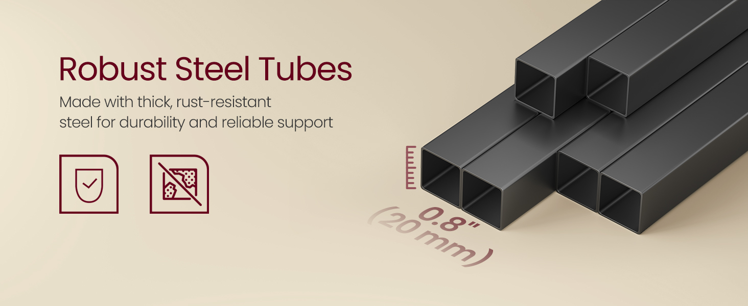 Több, vízszintesen elrendezett fekete acélcső, amelyek ikonokkal kiemelve demonstrálják robusztus konstrukciójukat, tartósságukat és megbízható tartószerkezetüket.