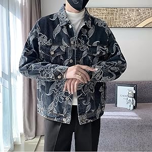 Amazon | [WANSHIX] メンズ デニムジャケット 刺繍 花柄