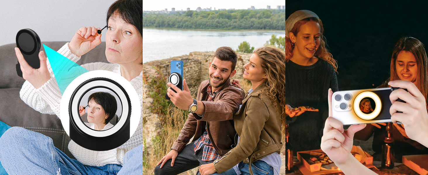 Composite de trois scènes montrant des personnes utilisant des smartphones : une personne prenant un selfie, un groupe en plein air et des amis prenant des photos dans un éclairage tamisé.