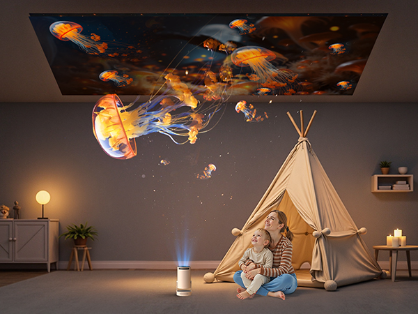 Deckenprojektor mit Quallenmotiv, der einen abgedunkelten Raum mit farbenfrohen Meerestieren beleuchtet. Ein Tipizelt, eine tragbare Lichtquelle