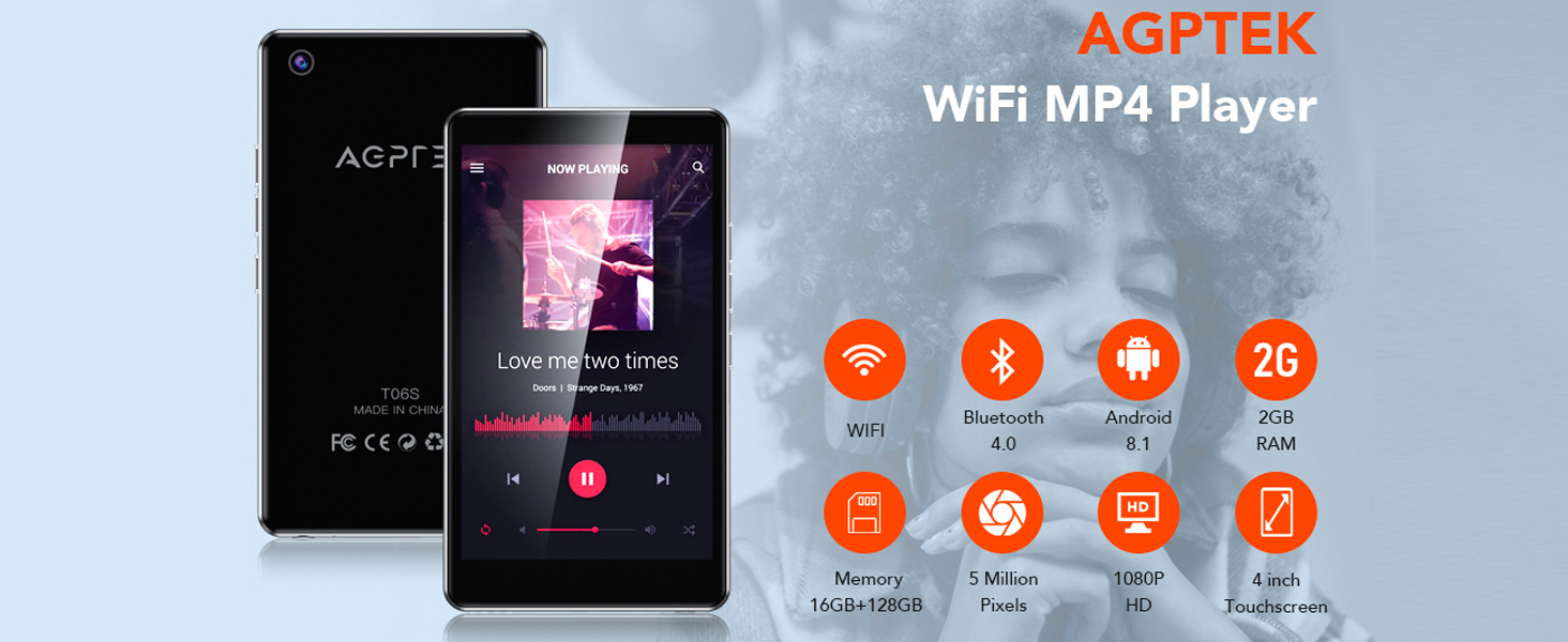 AGPTEK MP3 Player with Camera, MP4 Players with Bluetooth WiFi 4inch