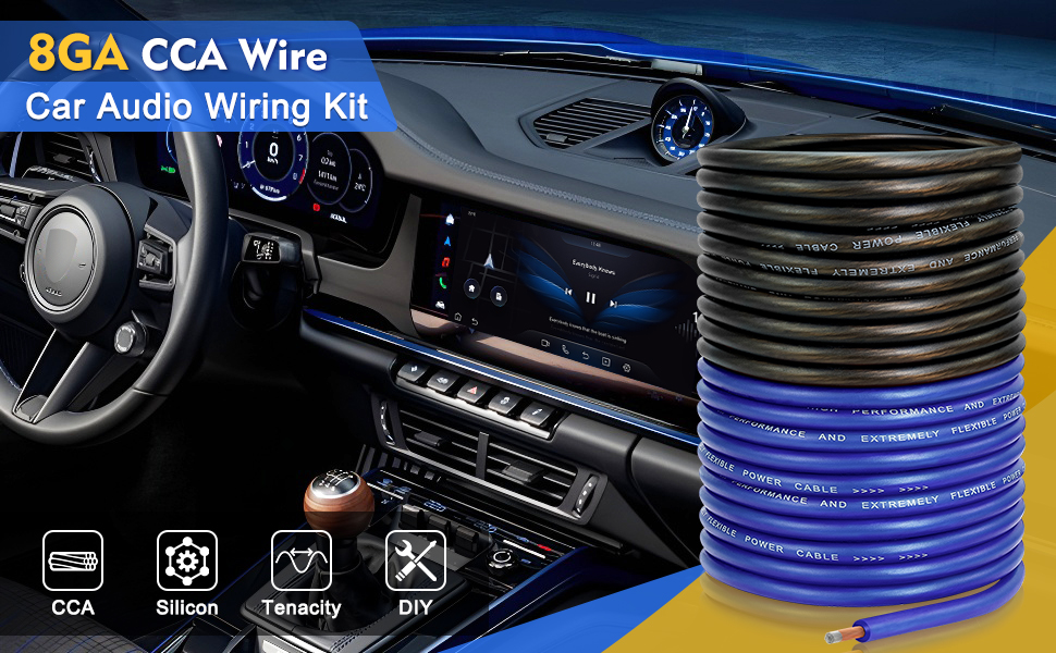 Text reads 'BGA CCA Wire'. Images showing blue automotive wiring or cable installation in what appears to be a vehicle setting.