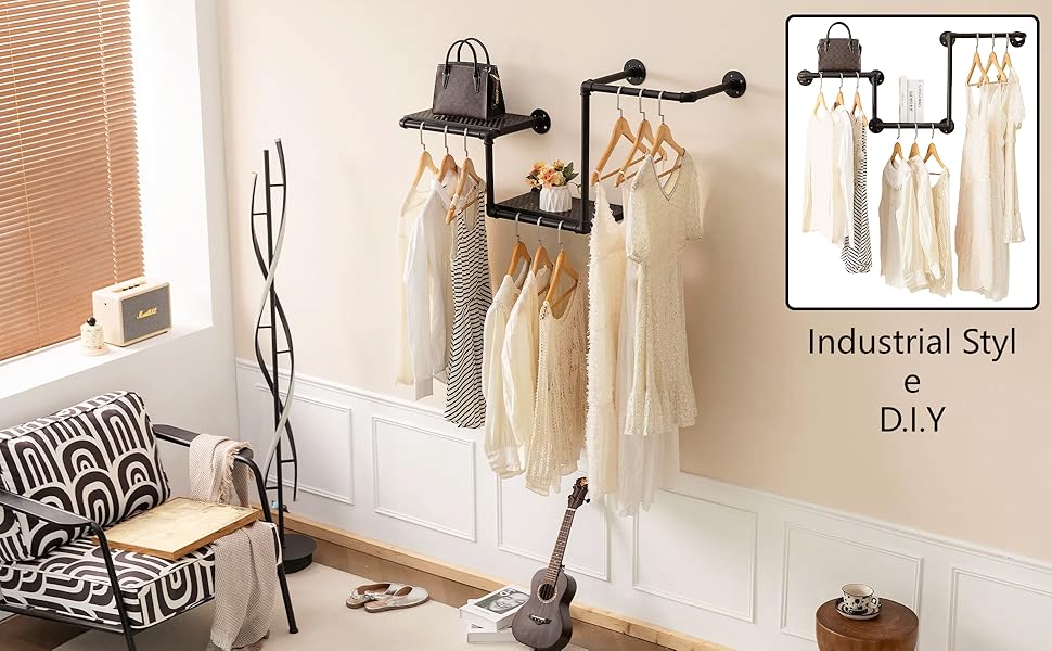 Industrial Pipe Clothing Rack with Floating Shelves
