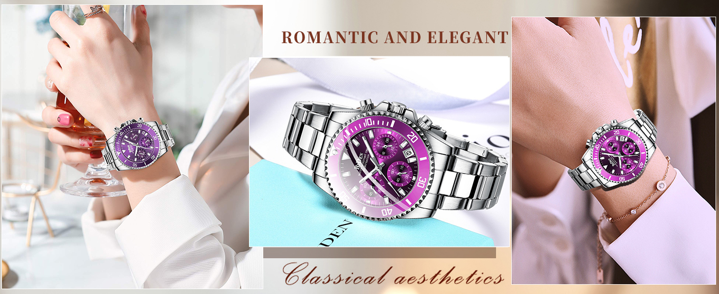 FANMIS Women Elegant Chronograph Rotatable Bezel Mineral Glass Luminous Watch