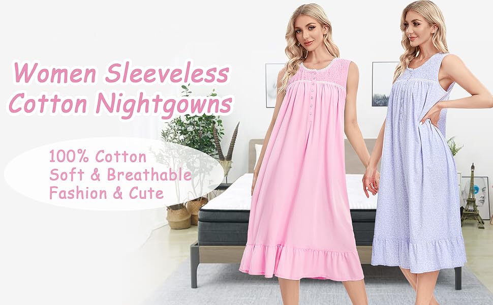IZZY TOBY Lightweight Cotton Nightgowns for Women Sleeveless Cotton Nightgown MidCalf Ladies
