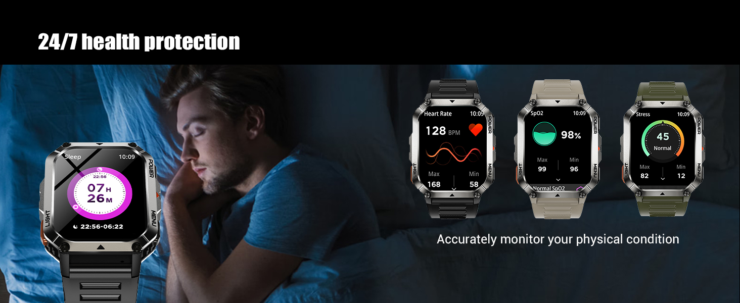 Text reads '24/7 health protection'. Product display showing three smartwatches with health monitoring interfaces in different colors - black, green, and gold.