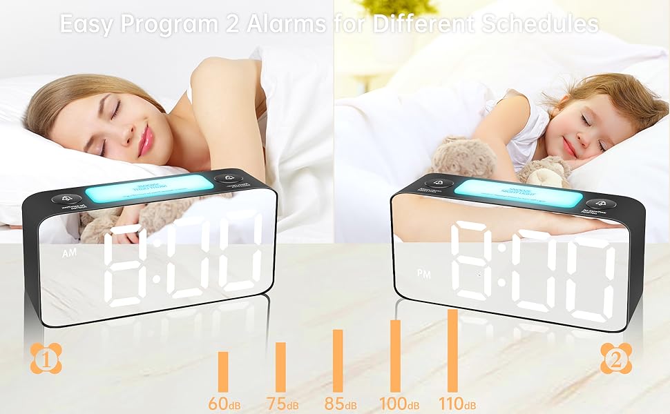 Digital Mirror Alarm Clock for Bedroom, 7 Colored