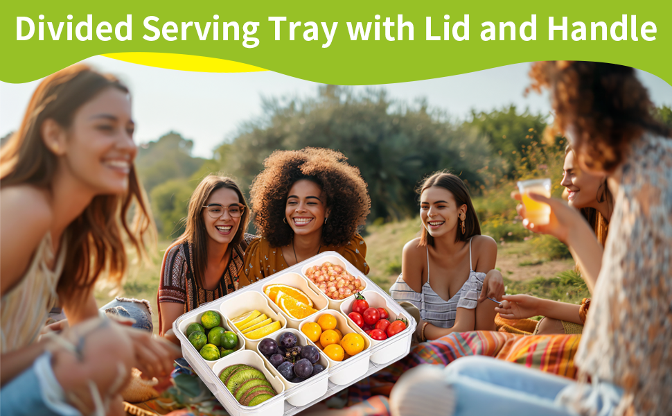 Divided Serving Tray with Lid and Handle,Portable Snackle Box Charcuterie Container
