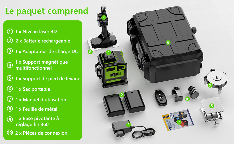 Les composants du kit de niveau laser sont affichés : appareil, batteries, chargeur, support magnétique, trépied, étui de transport, manuel et accessoires. Schéma de couleurs vert et noir avec parties numérotées.