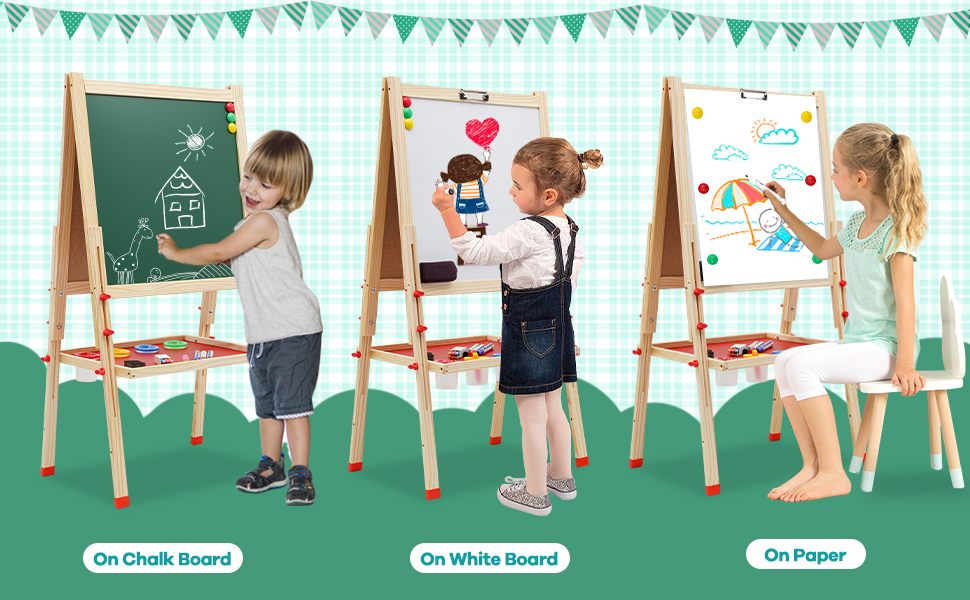 Kids Easel Double Sided Wooden Art Easel with Whiteboard & Chalkboard Height Adjustable Standing