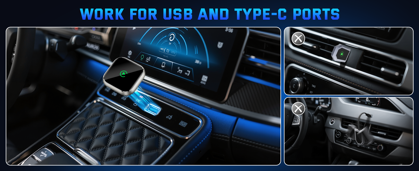 Text reads 'WORK FOR USB AND TYPE-C PORTS'. Multiple images showing various USB and Type-C ports and connections in car interiors with blue lighting.