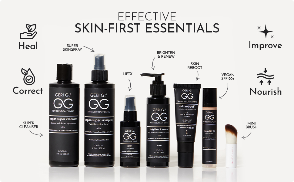 Geri G Beauty, Skin-First Essentials. Cleaners, Spray, Serums, Moisturizer, SPF.