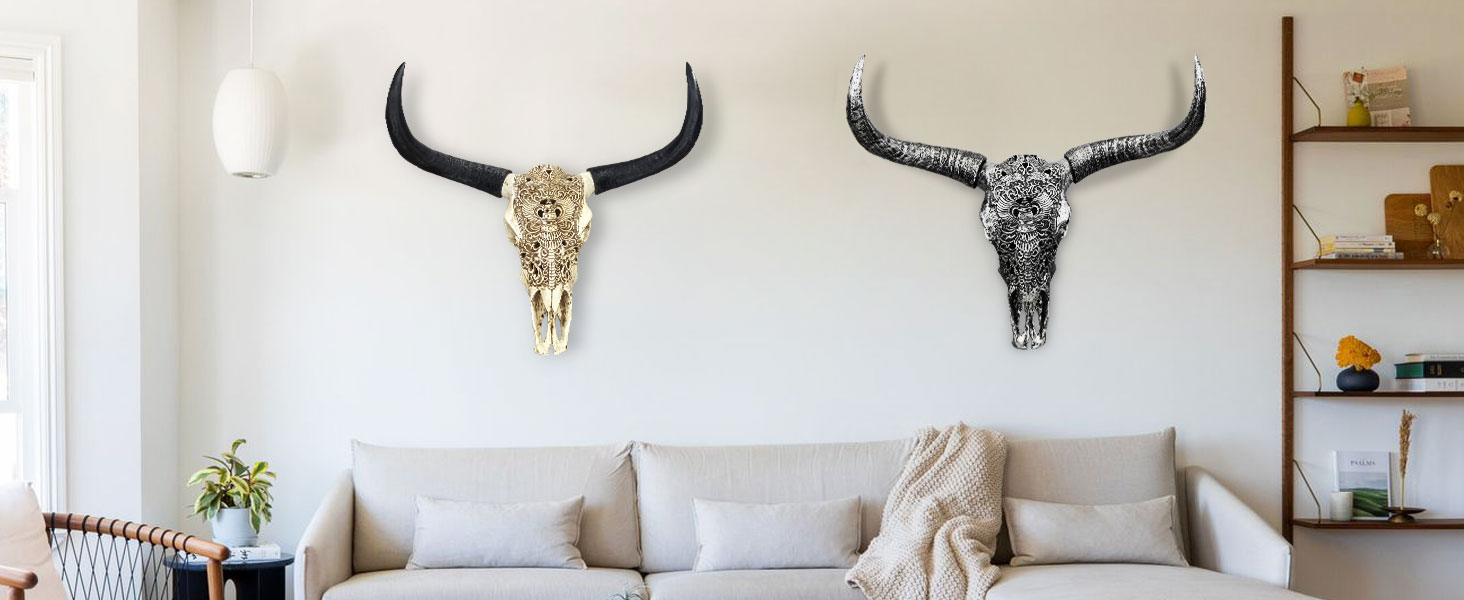 Large Black white Faux Cow Skull Wall Decor with Long Horns - Realistic Resin Bull Head Sculpture 
