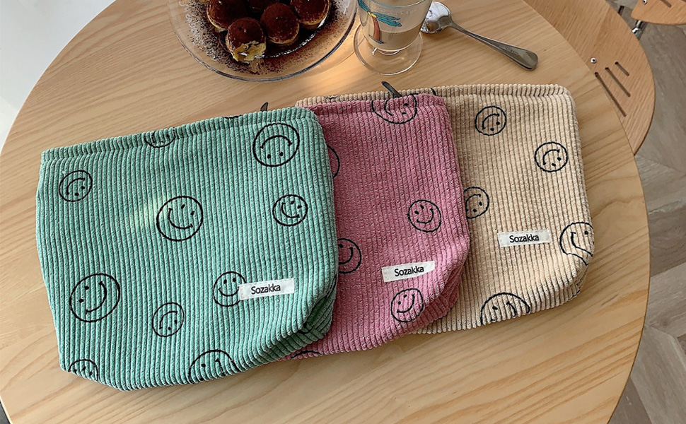 SONZUIA Smiley Face Makeup Bags for Women, Corduroy Makeup