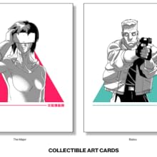 Text reads 'COLLECTIBLE ART CARDS' followed by sequence of illustrated exercise or yoga poses shown as simple black and pink/teal figures on mats.