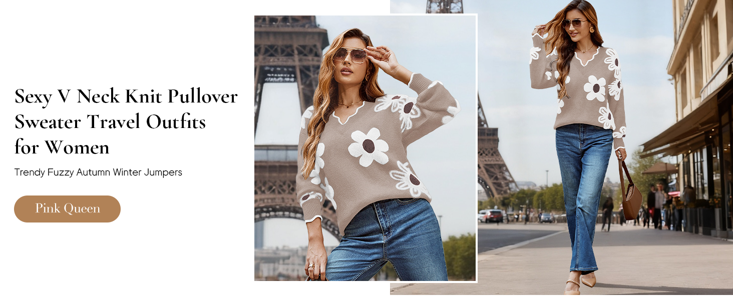 Sexy V Neck Knit Pullover Sweater Travel Outfits for Women Trendy Fuzzy Autumn Winter Jumpers