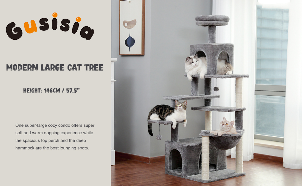 Gusisia 57.5 Inch Cat Tree, MultiLevel Modern Cat Tree