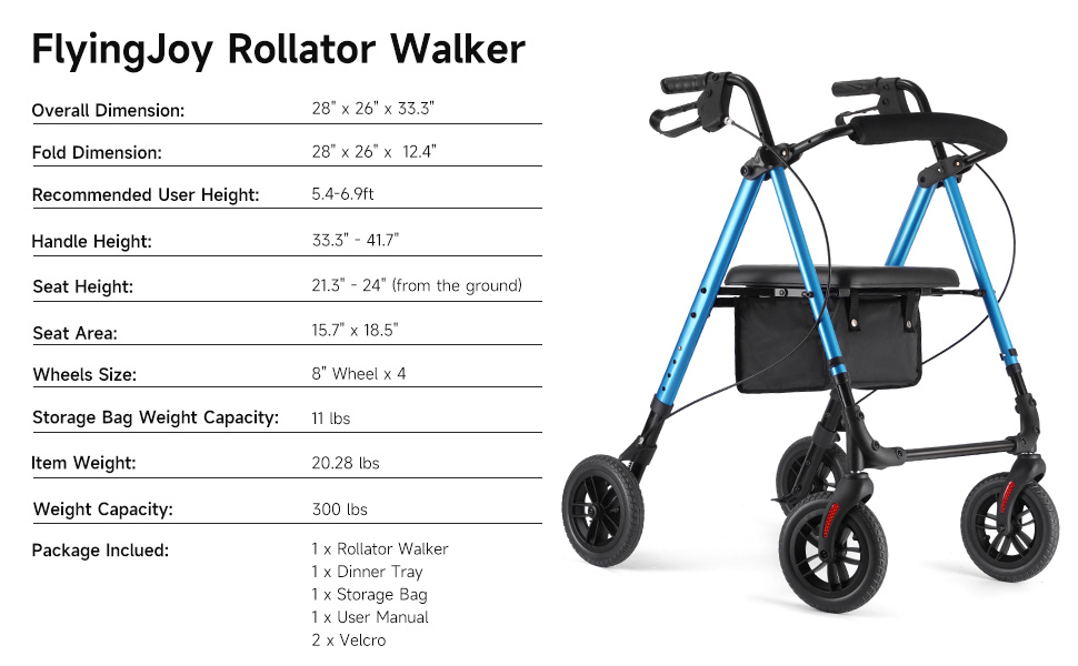 FlyingJoy Rollator Walker Blue 8" Large 4 Wheels Rolling Walkers for Seniors with