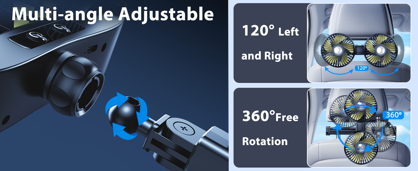 DICMKY Dual Head Car Cooling Fan for Back Seat with Long Arm, 360 Rotatable, USB Powered, 