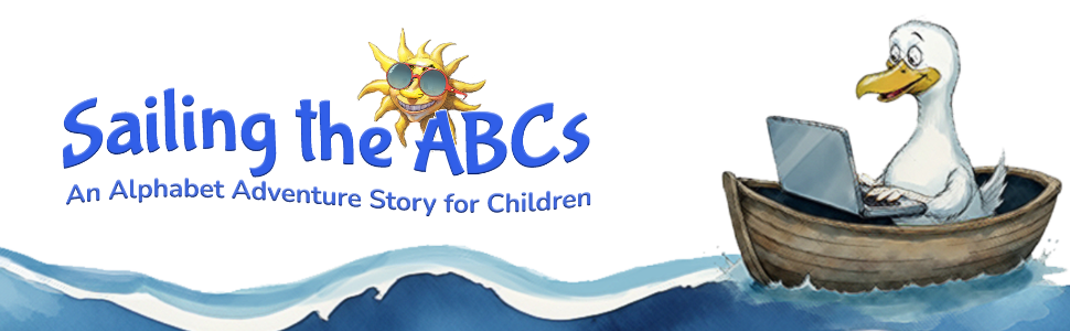 SAILING THE ABCS title, Seagull in boat on laptop