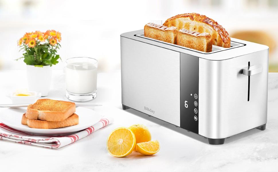 BBday Long Slot Toaster, 4 Slice Extra Wide Slots Stainless