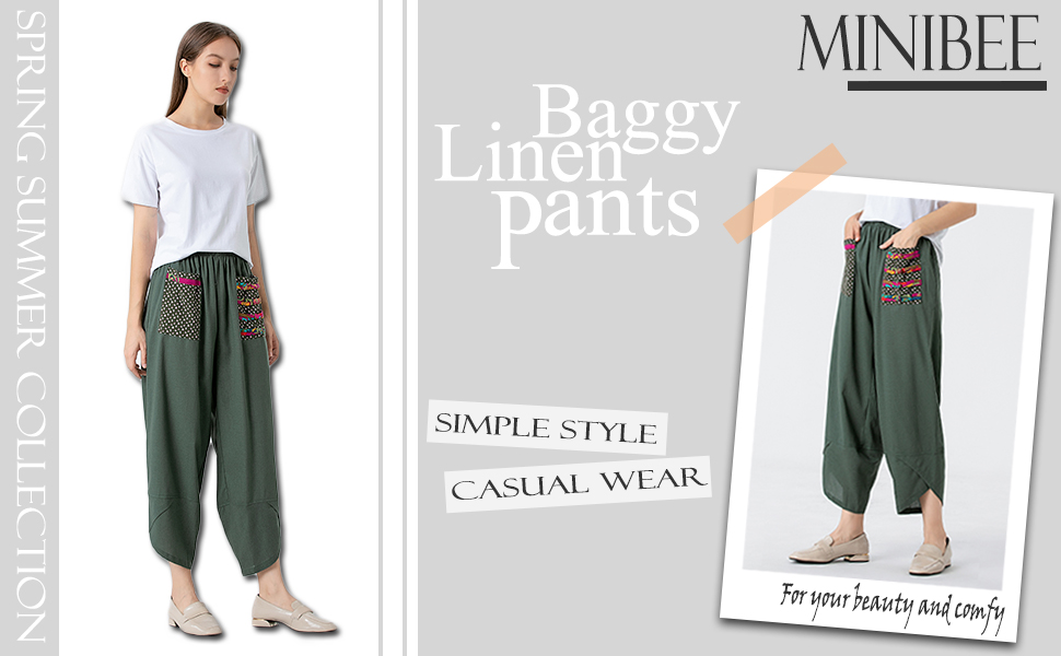 Minibee Women's Baggy Linen Wide Leg Trousers Casual Patchwark Elastic ...