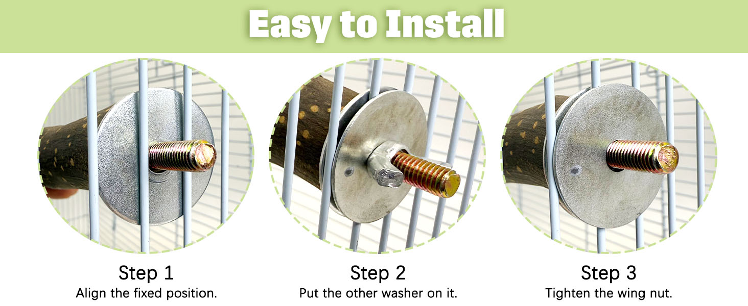 Place perch inside cage at desired height, tighten wing nuts and attach rotating bells